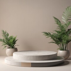 3D podium displays a round nude pedestal that stands for beauty, cosmetics, and product promotion. abstract 3D render, circle copy space