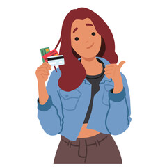 Young Woman Holding Credit Cards And Giving A Thumbs Up. Vector Image Conveys A Sense Of Confidence And Approval