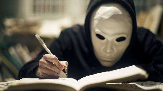 A scary figure in a white mask is writing something in an old book.