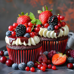 two red velvet cupcakes with berries and fudge sauce, in the style of vibrant color combinations, light gray and light crimson, elaborate fruit arrangements, vibrant color scheme.