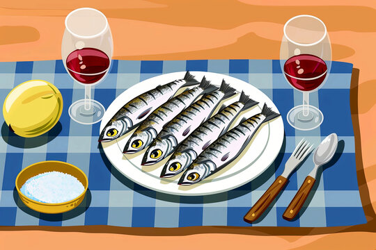 Plate of sardines with wine and lemon on a checkered tablecloth. Generative AI image
