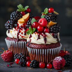 two red velvet cupcakes with berries and fudge sauce, in the style of vibrant color combinations, light gray and light crimson, elaborate fruit arrangements, vibrant color scheme.