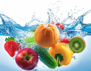 fresh multi fruits and vegetables splashing into blue clear water splash healthy food diet...