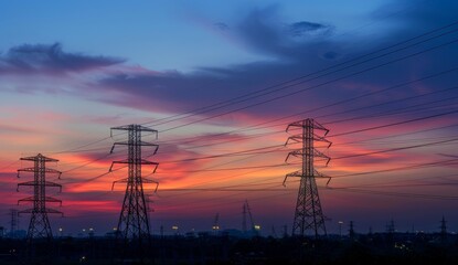Power lines at sunset with keywords Cloud, Sky, Atmosphere, Afterglow..