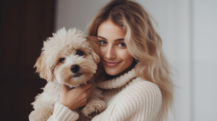 A close up of a beautiful girl hugging her cute maltipoo dog
