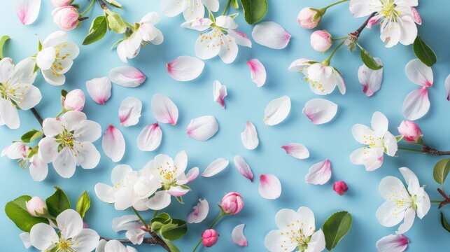 Minimalistic flat lay of apple blossoms with white and pink petals on blue backdrop Copy space included Background photo