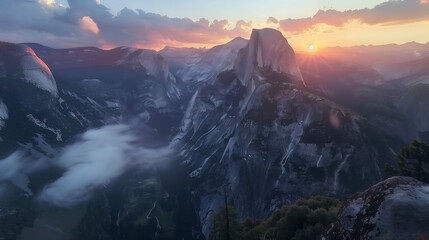 breathtaking sunset over the iconic half dome in Yosemite National Park, with rays of light piercing through clouds and casting long shadows on its rugged peaks
