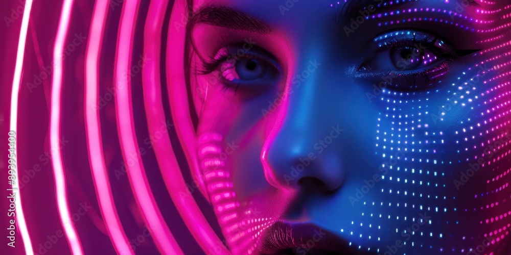 Poster the image features a digitally rendered face of a female, set against a backdrop of pink circular pa