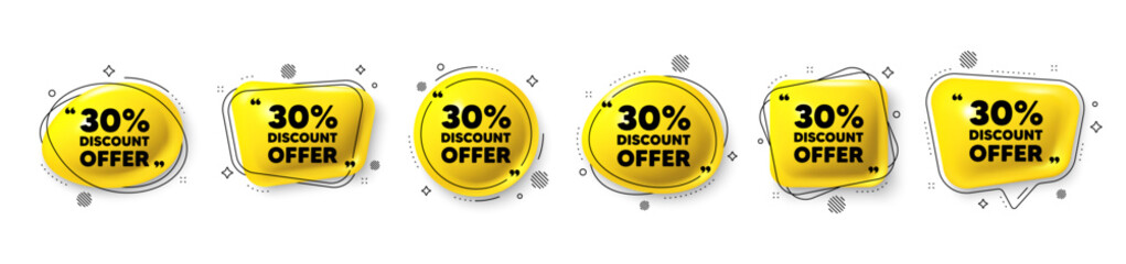 30 percent discount tag. Speech bubble 3d icons set. Sale offer price sign. Special offer symbol. Discount chat talk message. Speech bubble banners with comma. Text balloons. Vector