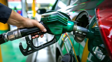 At a gas station, a person is refueling a car with gasoline