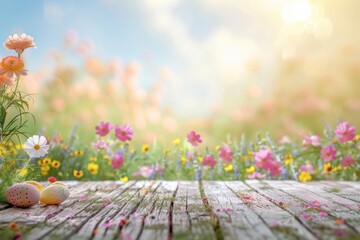 Vibrant spring garden with flowers and colorful eggs.