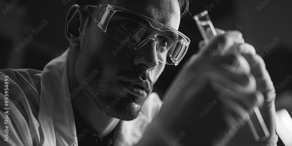Aufkleber man in lab coat examining test results with microscope.