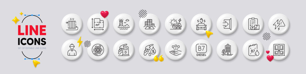 Radiator, Diesel canister and Building energy line icons. White buttons 3d icons. Pack of Petrol station, Skyscraper buildings, Engineer icon. Vector