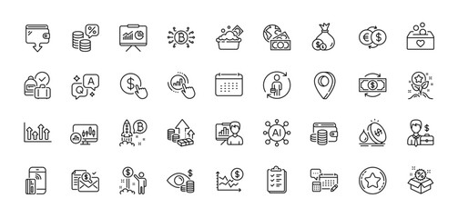 Candlestick chart, Loyalty points and Money tax line icons pack. AI, Question and Answer, Map pin icons. Contactless payment, Presentation board, Sale web icon. Vector