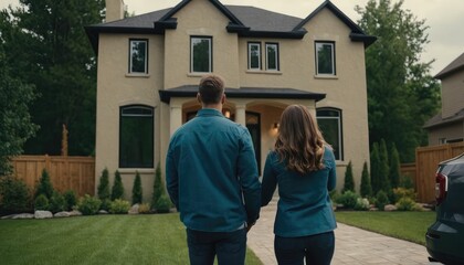 Obraz premium A couple stand together, facing a beautiful suburban home with a well-maintained lawn, appearing to admire their new residence