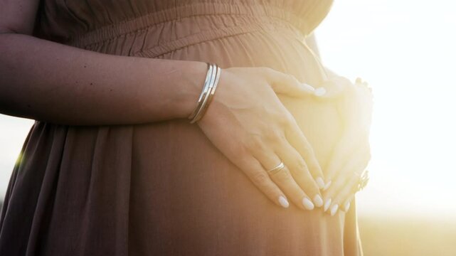 Pregnant Woman Showing Heart-Shaped Symbol Gesture On Belly, Sunlight Background