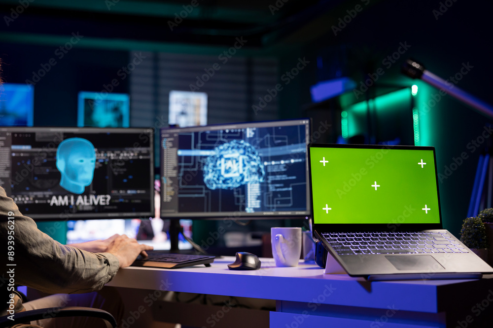 Poster green screen laptop next to man talking with ai becoming sentient and asking questions. mockup noteb