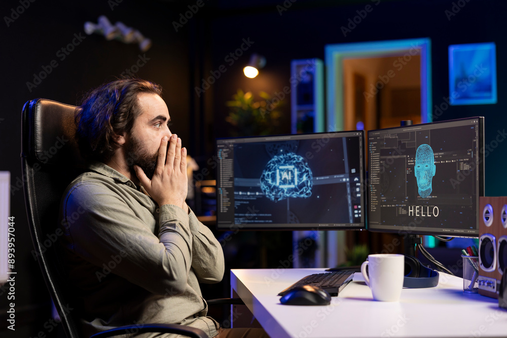 Poster programmer shocked by awaken ai gaining consciousness on computer. surprised man communicating with 