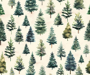 Seamless pattern of various watercolor pine trees. Christmas tree