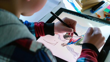 a kid drawing game characters on a digital tablet, video games design workshop class