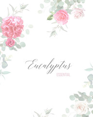 Floral vector banner. Hand painted plants, flowers, leaves on white background. Greenery botanical wedding invitation. Watercolor style. Natural card design. All elements are isolated and editable.