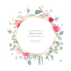 Floral vector banner. Hand painted plants, flowers, leaves on white background. Greenery botanical wedding invitation. Watercolor style. Natural card design. All elements are isolated and editable.