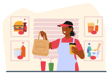 Happy Fast Food Worker Standing Behind The Counter, Holding A Takeout Food Bag And A Drink. Lively Fast Food Restaurant