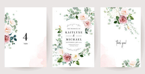 Floral eucalyptus selection vector frames. Hand painted branches, white flowers, leaves on white background. Greenery wedding invitations. Watercolor style cards. Elements are isolated and editable