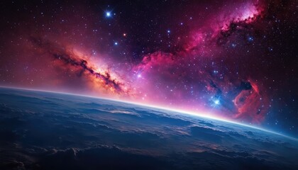 Fototapeta premium A breathtaking image of a vibrant nebula, showcasing a mix of bright pink, blue, and orange colors, with stars scattered across the cosmic landscape