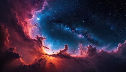 Fototapeta premium A breathtaking image of a vibrant nebula, showcasing a mix of bright pink, blue, and orange colors, with stars scattered across the cosmic landscape