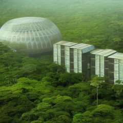futuristic buildings in rainforest