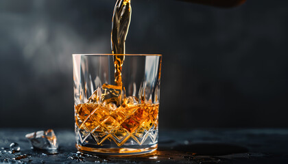 Whiskey Pour In Glass, Dark Background