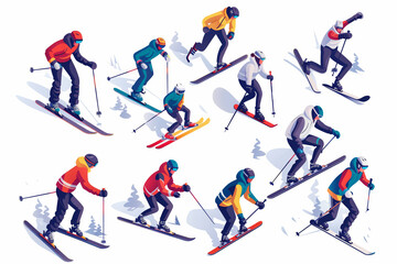 Fototapeta premium A Colorful Cast of Skiers Grace the Slopes on a Sunny Winter Day