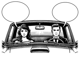 Family couple driving a car and speaking, speech bubbles for customizable text, sketch engraving generative ai fictional character PNG illustration. Scratch board imitation. Black and white image.