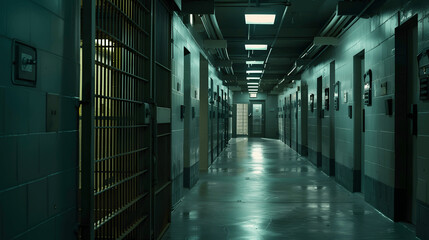 Correctional facility hallway with rows of cells