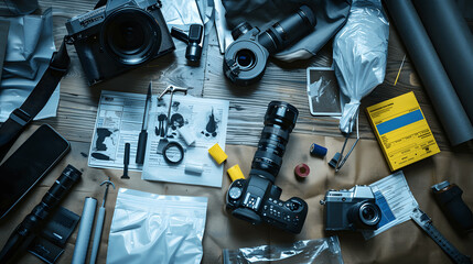 Crime scene investigation with forensic tools and evidence bags