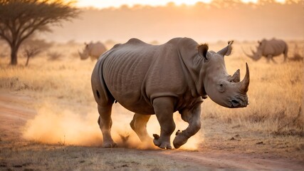 Obraz premium Rhino running in the savannah. Wild animal