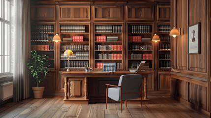 Fototapeta premium Lawyer's office with law degree and bookshelf of legal volumes