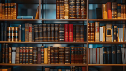 Legal books on civil law on shelf, modern office background
