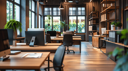 Open-plan law office with desks and computers