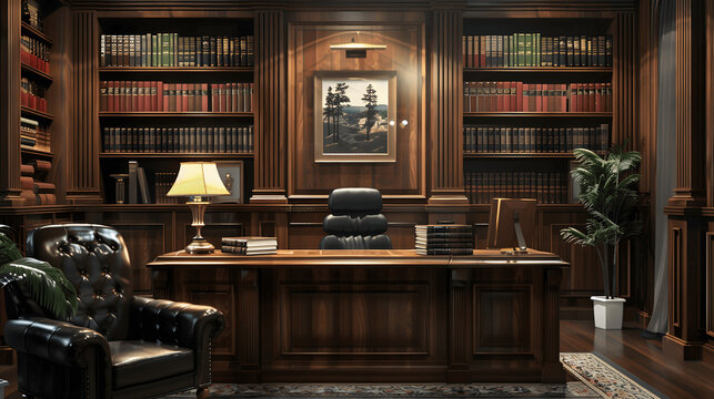 Lawyer's office with law degree and bookshelf of legal volumes
