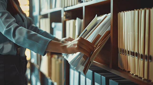 Paralegal organizing files in cabinet with labeled folders