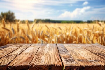 Wooden table surface in front of a blurred wheat field during summer, great for seasonal advertising or agribusiness content. High quality illustration