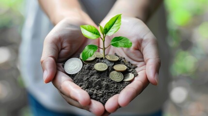 Seedling growing from a handful of coins in the palm of a person's hand.