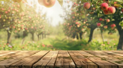 Wooden table overlooking an apple orchard, suitable for organic farming promotions, copy space. High quality illustration