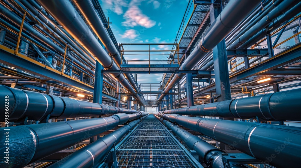 Poster in a factory, several pipes interconnected create a network