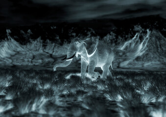 african elephant is walking fast in plains and mountains