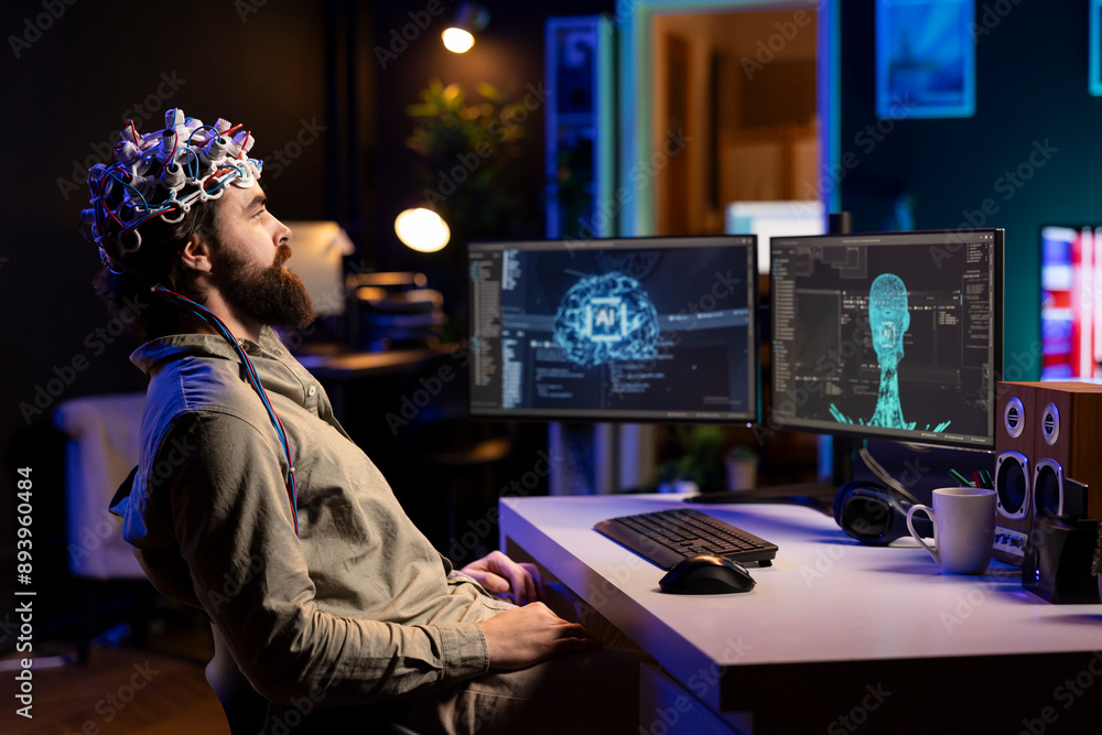 Poster computer engineer wearing eeg headset on head to communicate with artificial intelligence entity wit