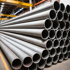 Fototapeta premium Steel pipe or aluminum and chrome stainless pipes in stack in warehouse