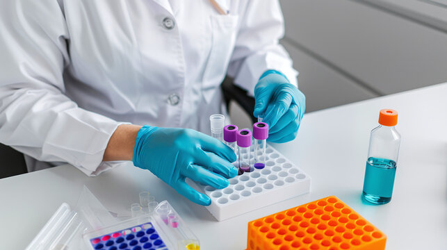 a scientist in a lab coat working with biotech samples, such as pipetting into test tubes or examining slides under a microscope